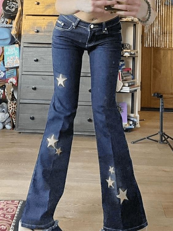 ⚡️Buy Star Embroidered Flare Jeans Blue L under $38.00 in Jeans Online. Style: Casual/Street/Vintage/Y2K. Fabric Content: Cotton, Polyester, Spandex. Fit Type: Flare Leg. : These washed jeans cut to a low rise silhouette, shaped to a flare-leg fit, features star embroidery detailing, with functional pockets and zip button fastening.. ✓2022 SPRING DROPS✓Free Shipping on all orders over $59. Check reviews and order Star Embroidered Flare Jeans today.