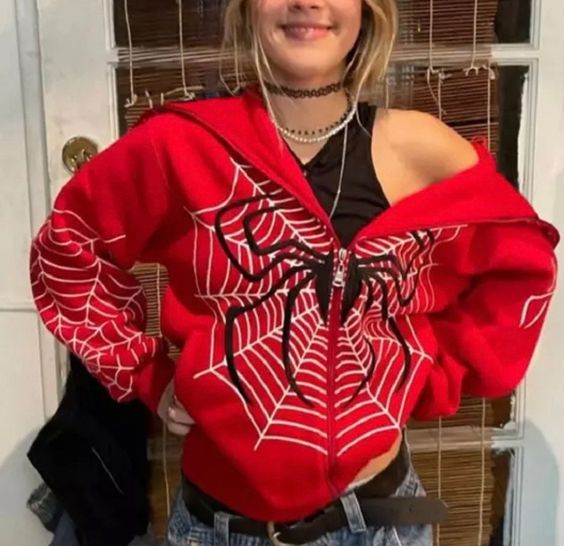 Spider web Red hoodie sweatshirt zipper warm Harajuku punk grunge y2k clothing women Hip hop sweatshirt Hoodie interesting