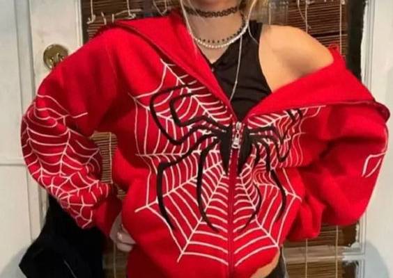 Spider web Red hoodie sweatshirt zipper warm Harajuku punk grunge y2k clothing women Hip hop sweatshirt Hoodie interesting