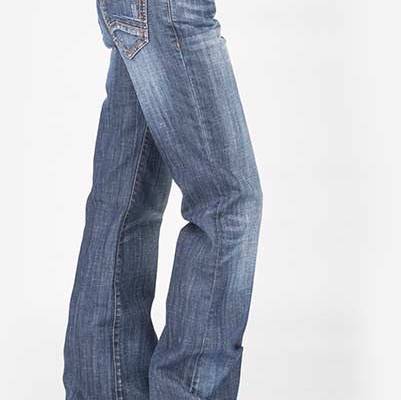 This classic Stetson 214 trouser fit jeans are a great choice for both style and comfort. They sit just below the waist and have a moderately fit thigh with a flared leg. It has the signature Stetson branded two button contour waist band with a decorative stitched circle on the back pockets. These jeans are a medium wash made from 98 percent cotton and 2 percent spandex.