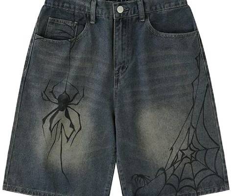 Lemandik Casual Denim Shorts Spider Web