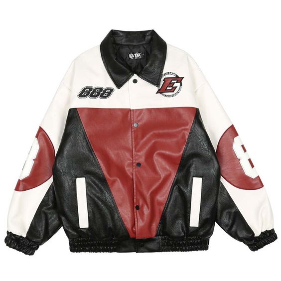 Spring Letter Embroidery PU Leather Thick Jacket Men High Street Patchwork Motorcycle Jacket Casual Loose Lapel Outerwear Unisex Red-M