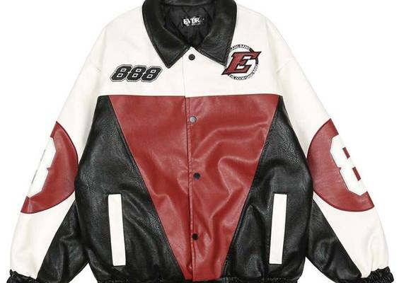 Spring Letter Embroidery PU Leather Thick Jacket Men High Street Patchwork Motorcycle Jacket Casual Loose Lapel Outerwear Unisex Red-M
