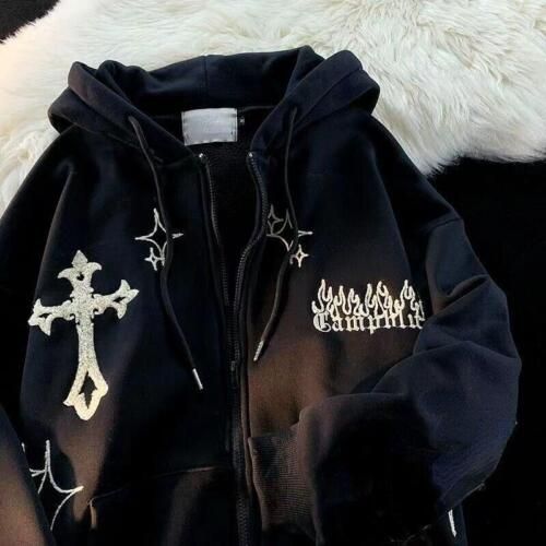 Y2k Oversized Women Hoodies Retro Hip Hop Jacket Gothic Embroidery Zip Up Sweats | eBay