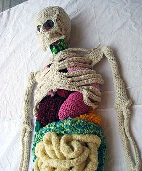 crochet artist creates life-sized, anatomically correct skeleton