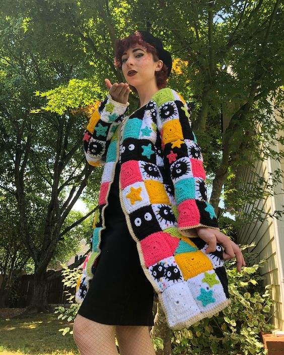 **This is a digital PDF file crochet pattern – NOT a finished product Skill level: Intermediate Included: English PDF file with crochet and sewing instructions for U.S. sizes XS – 3XL This Ghibli – inspired cardigan is perfect for fun times in chilly weather! It is made with granny squares in a patchwork style. Please send me a message through Etsy Messages with any questions about your pattern. Do not distribute or sell this pattern or its product.