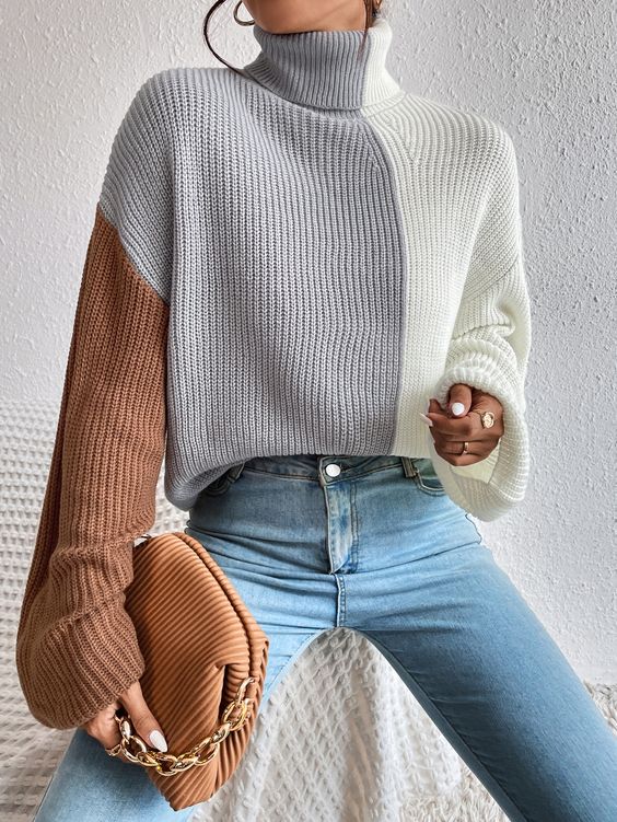 Colour Block Turtleneck Drop Shoulder Jumper