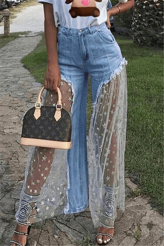 FREE SHIPPING Sexy Women Wide Leg Pants Sheer Mesh Star Print Splice Denim Pants High Waist Casual Loose Pants Jeans Fashion Party Trousers JKP2915 – Allkpop Shop