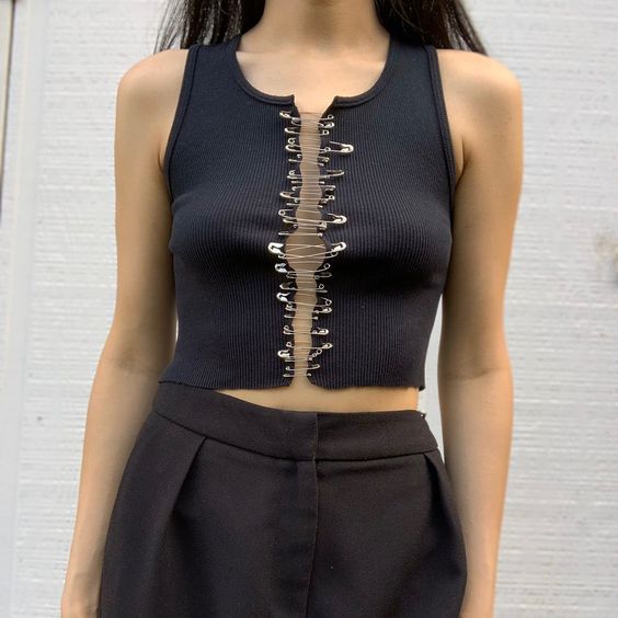 Size small  black cropped raw hem safety pin tank… – Depop