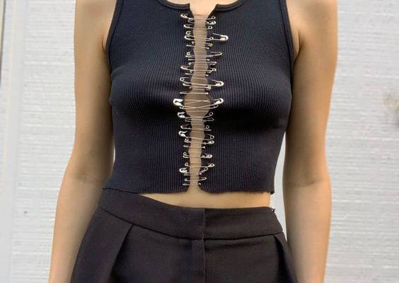 Size small  black cropped raw hem safety pin tank... - Depop