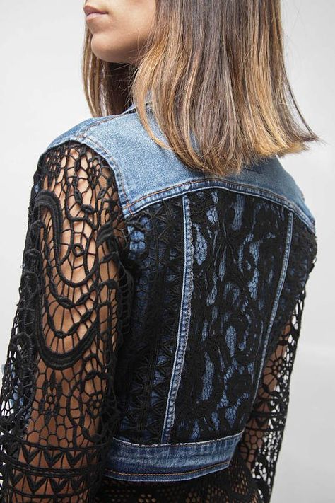 Cropped BOHO Denim Jacket Black lace Cover / Lace appliques / Boho Inspired Vintage Reworked jeans jacket/ Woman Denim Jacket/ SMALL – 2019 – Lace Diy