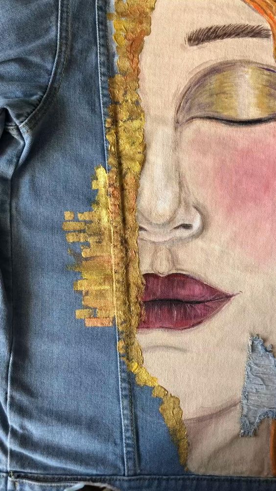 Hand painted custom denim jacket Gustav Klimt Golden tears | Etsy