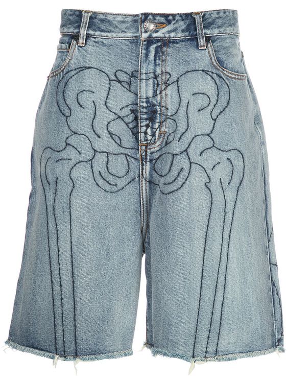 Washed blue cotton Anatomy printed denim shorts from Haculla featuring frayed edges, belt loops, a button and zip fly, front pockets and back pockets. | Haculla Anatomy printed denim shorts