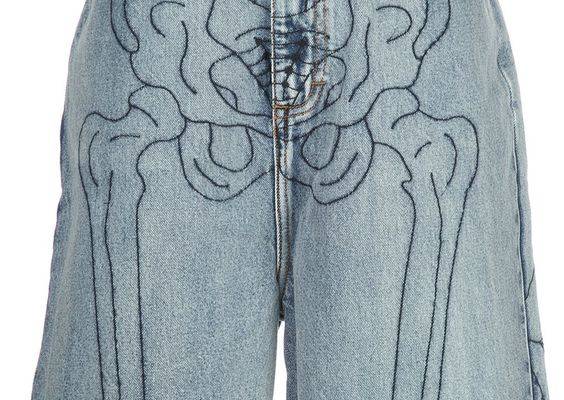 Washed blue cotton Anatomy printed denim shorts from Haculla featuring frayed edges, belt loops, a button and zip fly, front pockets and back pockets. | Haculla Anatomy printed denim shorts