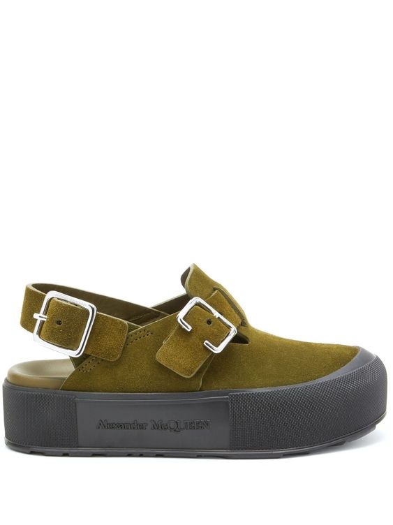 suede 55mm buckled sandals from Alexander McQueen featuring khaki, calf suede, silver-tone hardware, embossed logo to the side, buckle fastening, flatform sole and rubber sole.