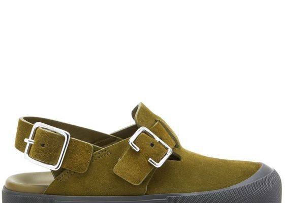 suede 55mm buckled sandals from Alexander McQueen featuring khaki, calf suede, silver-tone hardware, embossed logo to the side, buckle fastening, flatform sole and rubber sole.
