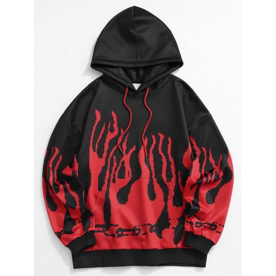 Fire Flame Print Drop Shoulder Hoodie L Black