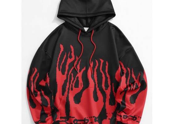 Fire Flame Print Drop Shoulder Hoodie L Black