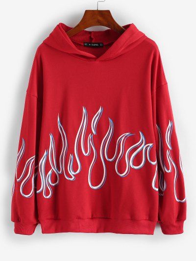 French Terry Flame Print Drop Shoulder Hoodie M Red