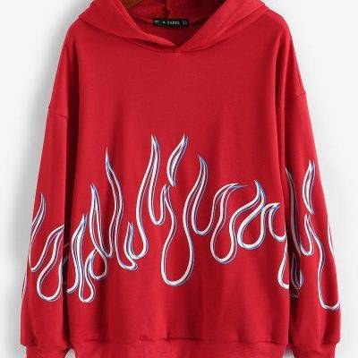 French Terry Flame Print Drop Shoulder Hoodie M Red
