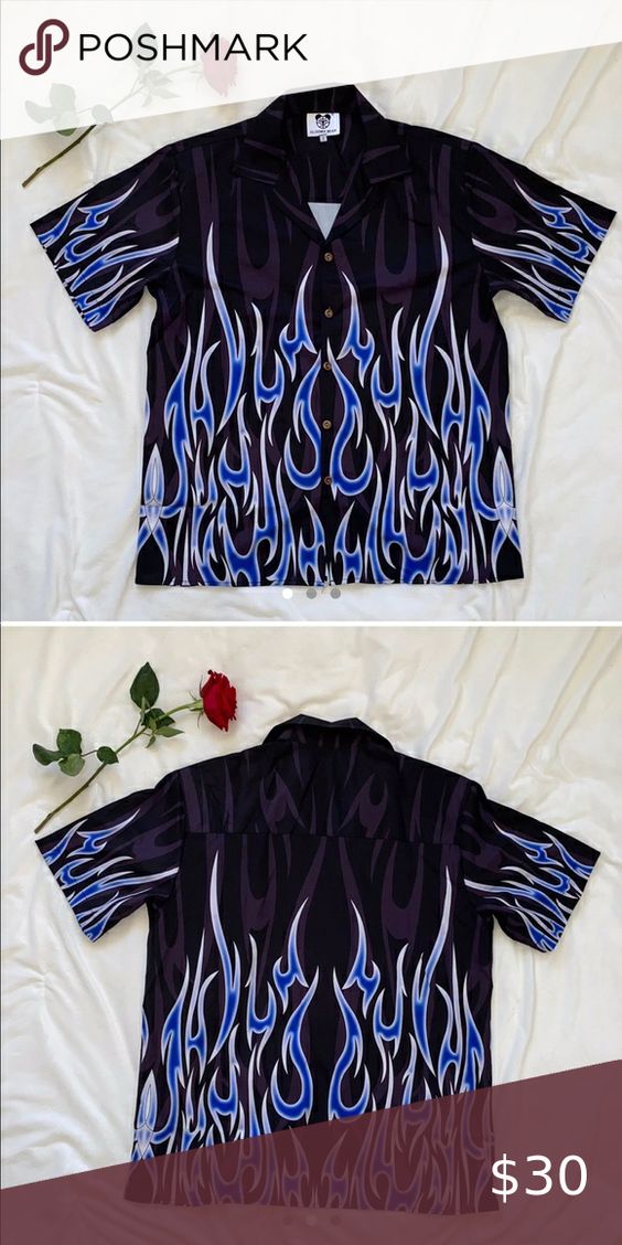 Black and Blue Flame Button Up