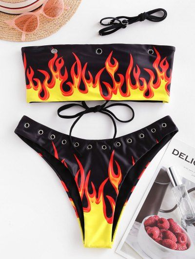 $5 off $50 Sale Special for New Users.ZAFUL Flame Print Grommets Lace-up Bandeau Bikini Swimsuit