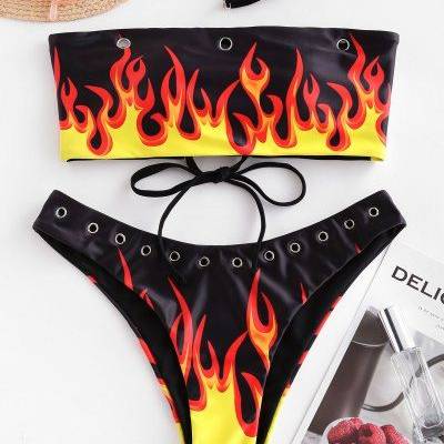 $5 off $50 Sale Special for New Users.ZAFUL Flame Print Grommets Lace-up Bandeau Bikini Swimsuit