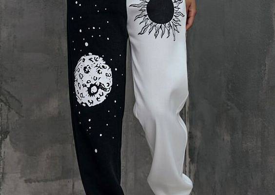 Elastic Waist Pocket Side Graphic Print Colorblock Pants