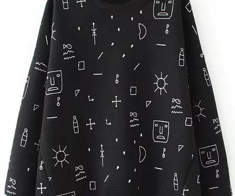 Black Round Neck Graffiti Print Dip Hem Sweatshirt