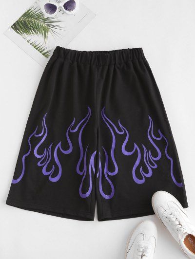 Flame Print High Waisted Sweat Shorts S Black