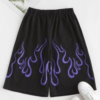 Flame Print High Waisted Sweat Shorts S Black