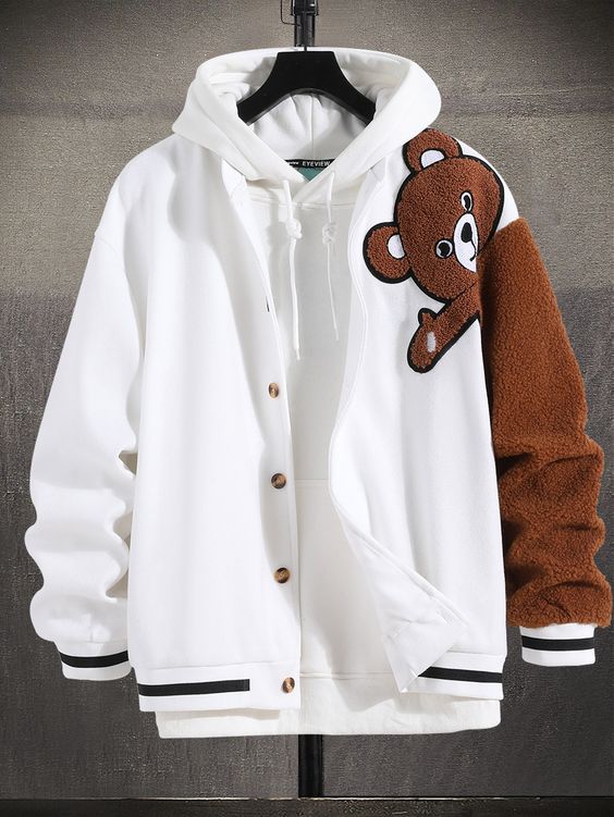 White Casual Collar Long Sleeve Fabric Cartoon,Colorblock Varsity Embellished Slight Stretch Spring/Fall Men Outerwear