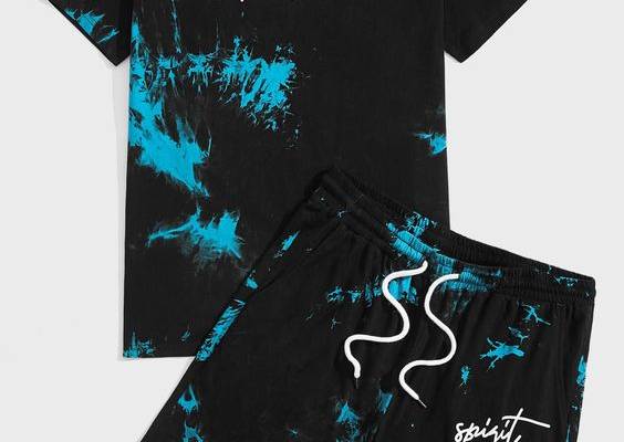 Mint Blue Casual Collar Short Sleeve  Letter,Tie Dye  Embellished Slight Stretch Summer Men Clothing