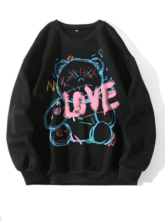 Black Casual  Long Sleeve Polyester Cartoon,Letter Pullovers Embellished Slight Stretch Fall/Winter Women Sweatshirts