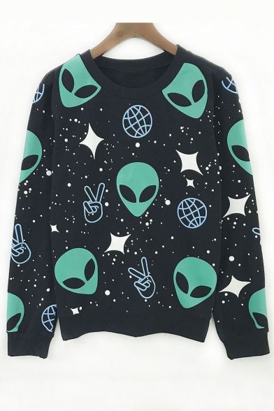 Fashion Alien Print Long Sleeve Round Neck Oversize Sweatshirt
