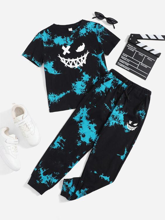 Multicolor Casual Collar Short Sleeve Knitted Fabric,Knitted Fabric Cartoon,Tie Dye  Embellished Slight Stretch Spring/Summer Tween Boys Clothing