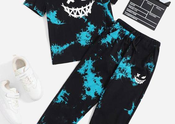 Multicolor Casual Collar Short Sleeve Knitted Fabric,Knitted Fabric Cartoon,Tie Dye  Embellished Slight Stretch Spring/Summer Tween Boys Clothing