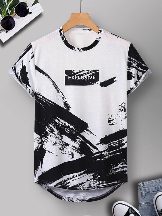 Black and White Casual Collar Short Sleeve Polyester Letter  Embellished Slight Stretch Summer Men Tops