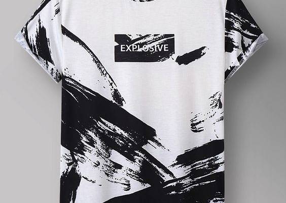 Black and White Casual Collar Short Sleeve Polyester Letter  Embellished Slight Stretch Summer Men Tops