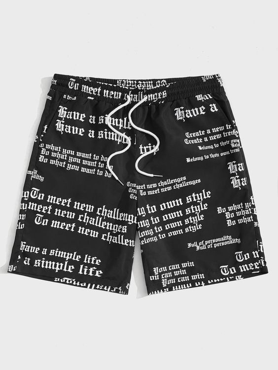 Black Casual Collar  Fabric Slogan Straight Leg Embellished Non-Stretch  Men Bottoms