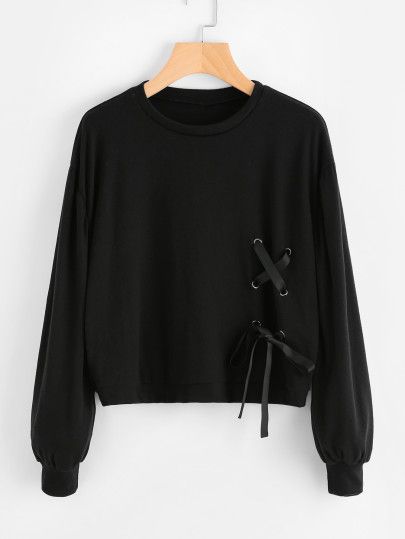 Drop Shoulder Ribbon Lace Up Detail Sweatshirt
