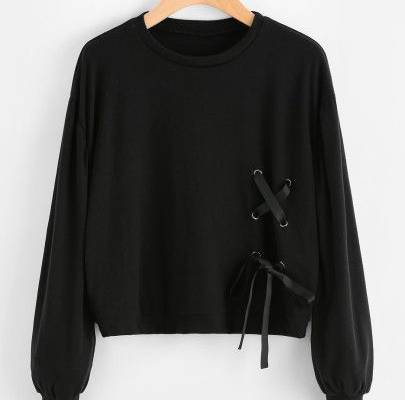 Drop Shoulder Ribbon Lace Up Detail Sweatshirt