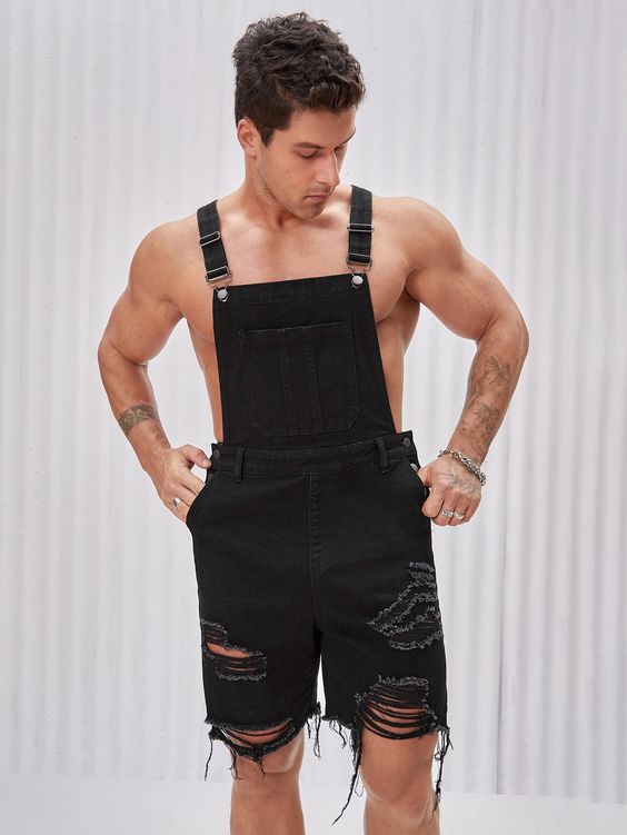 Black  Collar  Denim Plain Overall Embellished Non-Stretch  Men Clothing