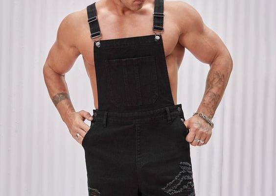 Black  Collar  Denim Plain Overall Embellished Non-Stretch  Men Clothing