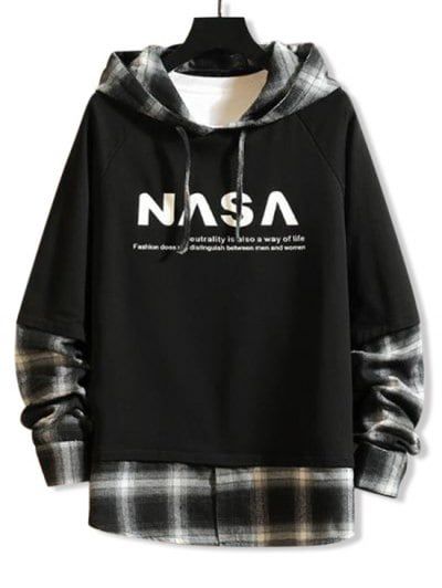 $5 off $50 Sale Special for New Users.Plaid Splicing Letter Graphic Faux Twinset Raglan Sleeve Hoodie
