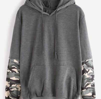 Dark Grey Hooded Contrast Camo Print Sleeve Pocket Sweatshirt