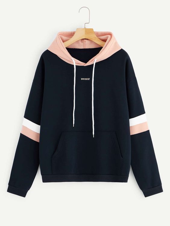 Navy Blue Casual  Long Sleeve Polyester Colorblock,Letter Pullovers Embellished Slight Stretch Spring/Fall Women Sweatshirts