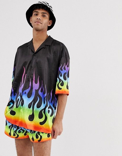 Jaded London festival co-ord shorts in black with rainbow flames | ASOS
