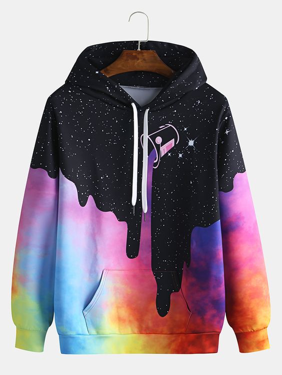 Mens Starry Sky Pattern Tie Dye Kangaroo Pocket Long Sleeve Casual Hoodies Easy 30 day return policy