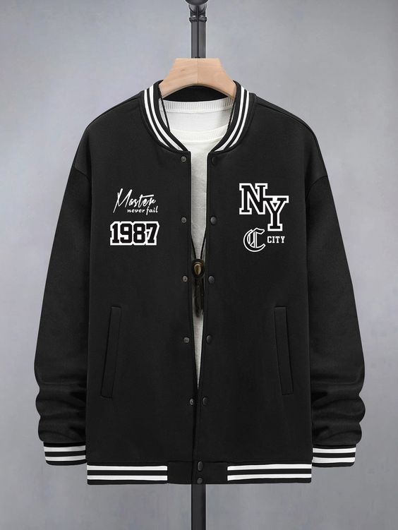 Black Casual Collar Long Sleeve Fabric Letter,Striped Varsity Embellished Slight Stretch  Men Outerwear